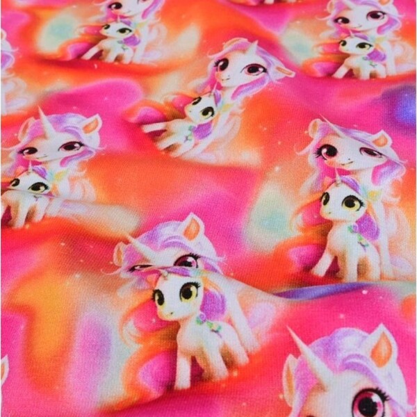 Pink unicorn print on sweatshirt knit fabric by the metre