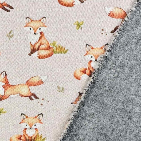 Fox print on ecru heavy sweatshirting fabric, 150 cm wide