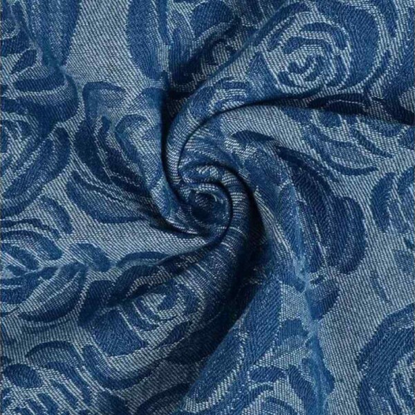 Close-up of rose motif in jeans blue denim jacquard, 150 cm wide