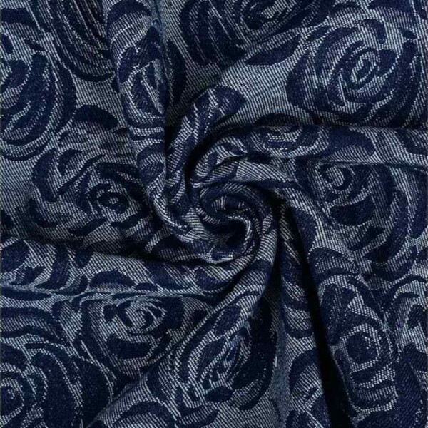 Close-up of rose motif in navy denim jacquard, 150 cm wide