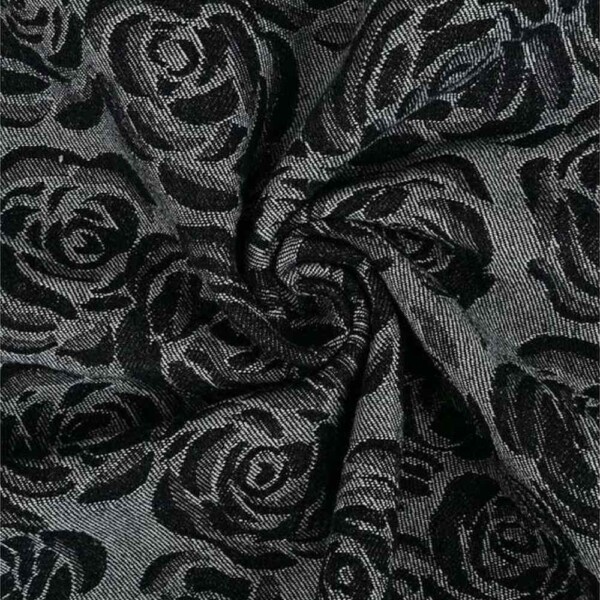 Close-up of rose motif in black denim jacquard, 150 cm wide
