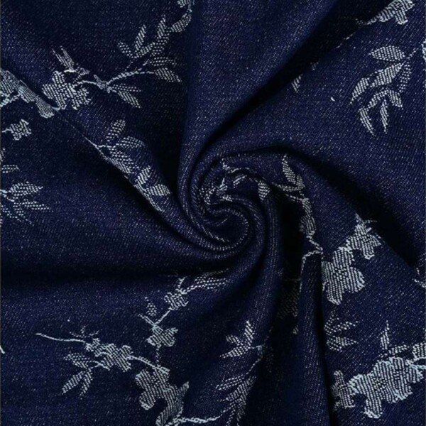 Yksityiskohta: Denim-jacquard -- Kukkivat oksat navy, kudottu reliefi