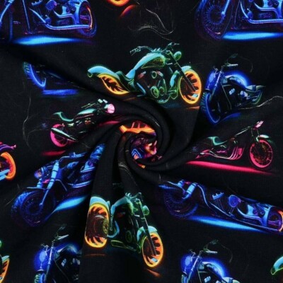Yksityiskohta: neon-moottoripyörät French terry -joggingkankaassa