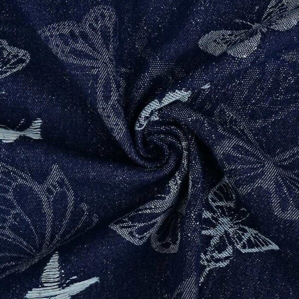 Jacquard-woven denim in navy with butterfly motif