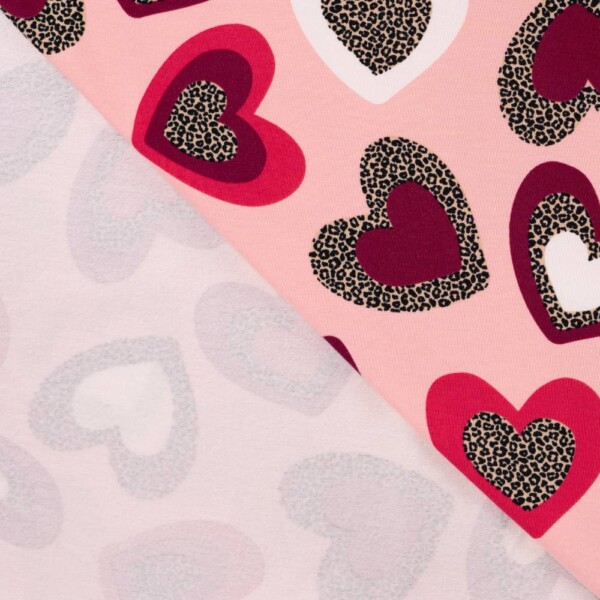 Brushed french terry print with leopard hearts in light pink close-up