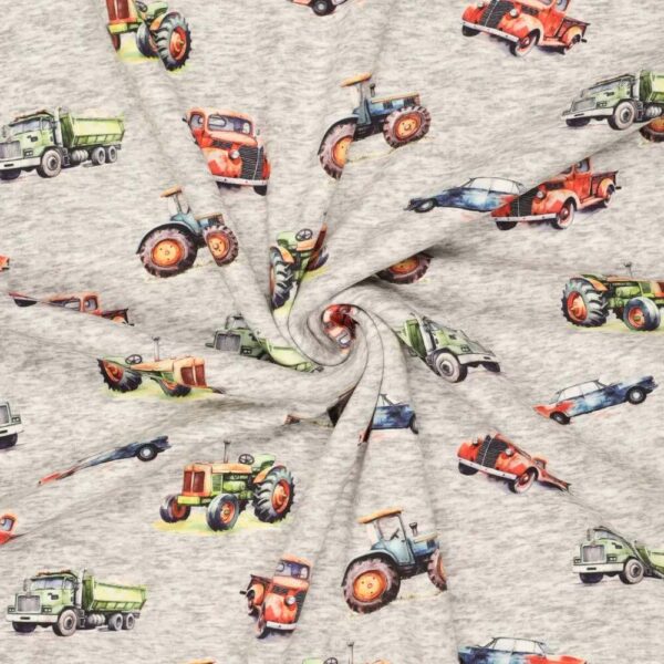 Heavy sweat fabric with vehicles on grey melange