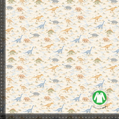 Akvarellityyliset dinosaurukset kermanvärisellä pohjalla, digiprintti jersey 36x36 cm mittaruudukolla, jotta raportti näkyy luonnollisessa koossa