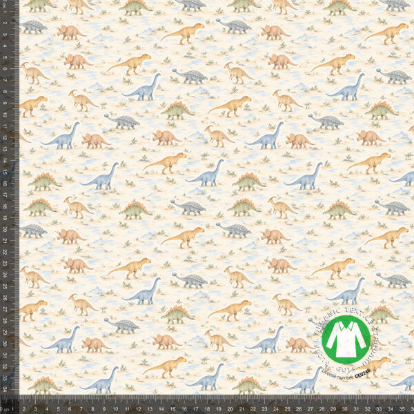 Akvarellityyliset dinosaurukset kermanvärisellä pohjalla, digiprintti jersey 36x36 cm mittaruudukolla, jotta raportti näkyy luonnollisessa koossa