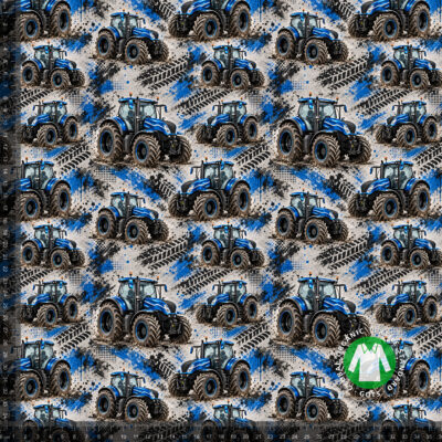 Blå traktorer med dækspor på lys grå, digitalprint jersey på 36x36 cm mållinjal, så rapporten ses i naturlig størrelse