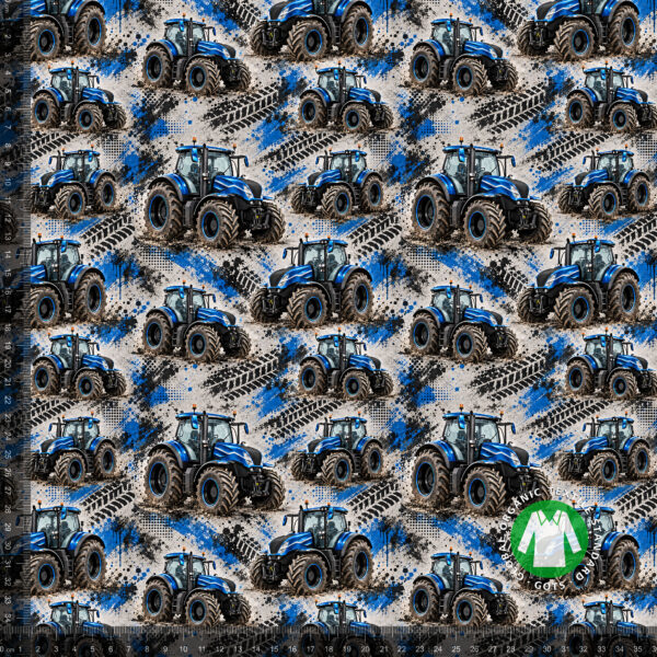 Blå traktorer med dækspor på lys grå, digitalprint jersey på 36x36 cm mållinjal, så rapporten ses i naturlig størrelse