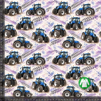 Blå traktorer med lilla dækspor, digitalprint jersey på 36x36 cm mållinjal, så rapporten ses i naturlig størrelse