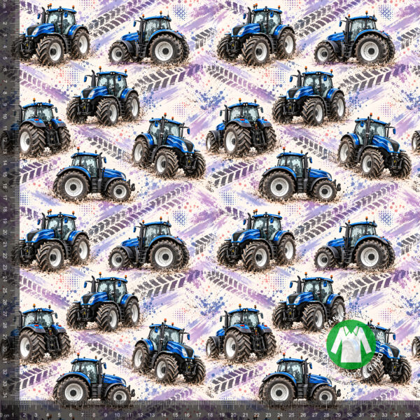 Blå traktorer med lilla dækspor, digitalprint jersey på 36x36 cm mållinjal, så rapporten ses i naturlig størrelse