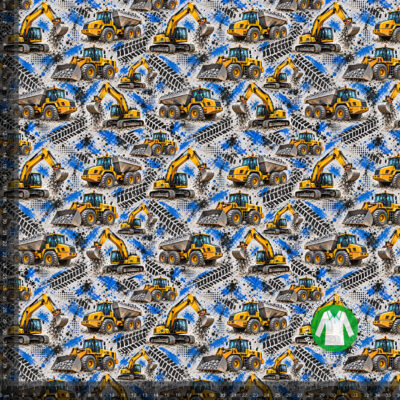 Construction machines on concrete grey, digital print jersey on a 36x36 cm measuring ruler, showing the repeat at full scale