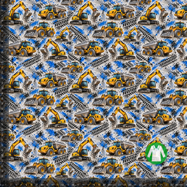 Construction machines on concrete grey, digital print jersey on a 36x36 cm measuring ruler, showing the repeat at full scale