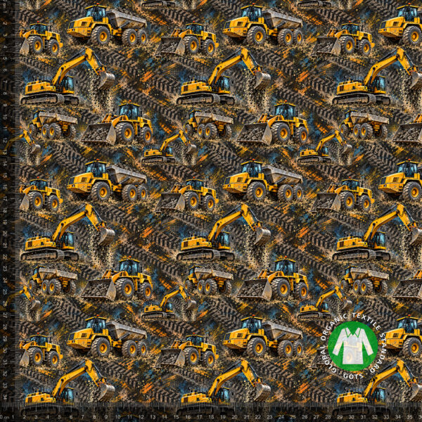 Construction machines on graphite and gold, digital print jersey on a 36x36 cm measuring ruler, showing the repeat at full scale