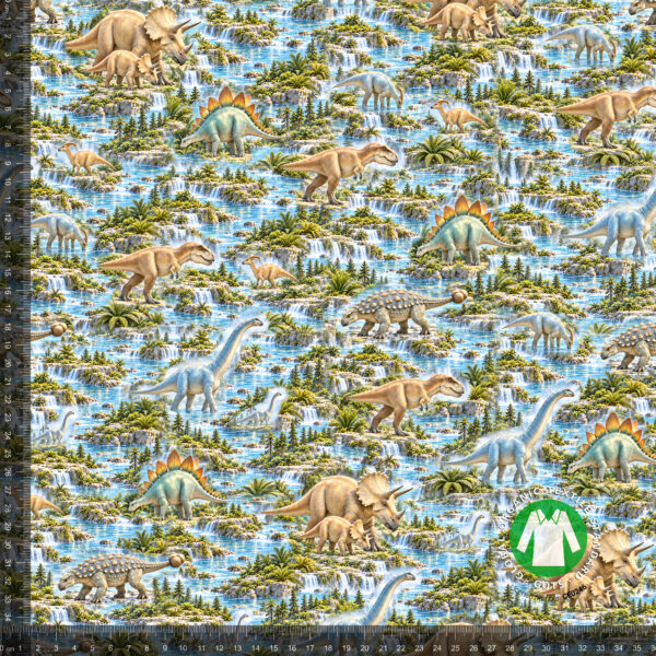 Dinosaurukset joella, digiprintti jersey 36x36 cm mittaviivaimella – raportti luonnollisessa koossa