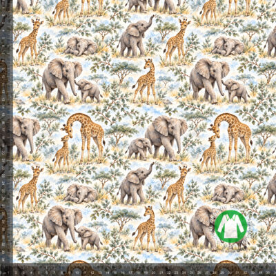 Norsut ja kirahvit akvarellina, digiprintti jersey 36x36 cm mittaruudukolla, jotta raportti näkyy luonnollisessa koossa