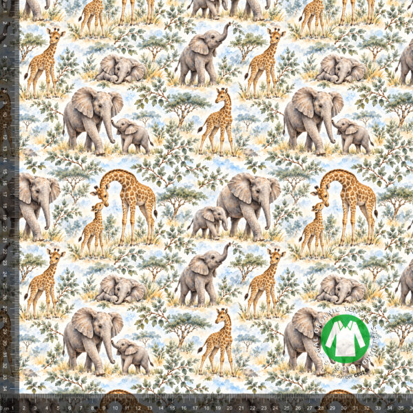 Norsut ja kirahvit akvarellina, digiprintti jersey 36x36 cm mittaruudukolla, jotta raportti näkyy luonnollisessa koossa