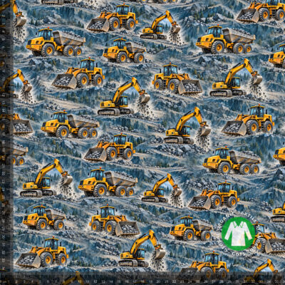 Excavators on petrol, digital print jersey on a 36x36 cm measuring ruler so the repeat is shown at full scale