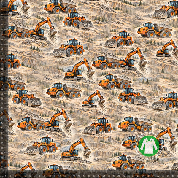 Excavators on sand, digital print jersey on a 36x36 cm measuring ruler so the repeat is shown at full scale