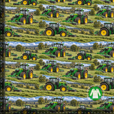 Vihreät traktorit vihreällä pellolla, digiprintti jersey 36x36 cm mittaruudukolla, jotta raportti näkyy luonnollisessa koossa