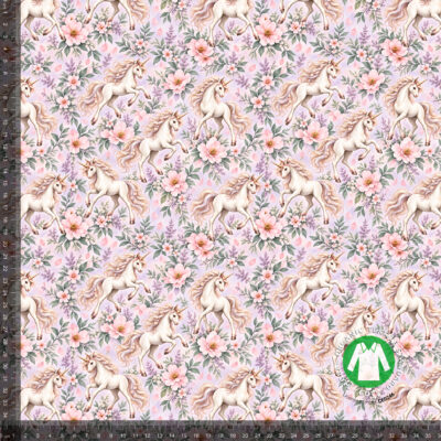 Hvide enhjørninger i lyserøde blomster, digitalprint jersey på 36x36 cm mållinjal, så rapporten ses i naturlig størrelse