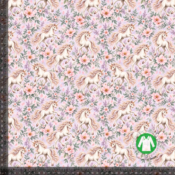 Hvide enhjørninger i lyserøde blomster, digitalprint jersey på 36x36 cm mållinjal, så rapporten ses i naturlig størrelse