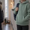 Hættetrøje syet i støvet grøn lammeskindsfleece (AI-mockup)