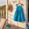 Luksus bomuld – aqua, sommerkjole til barn syet af stoffet