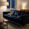Sofa upholstered in dark navy velour (AI-generated illustration)