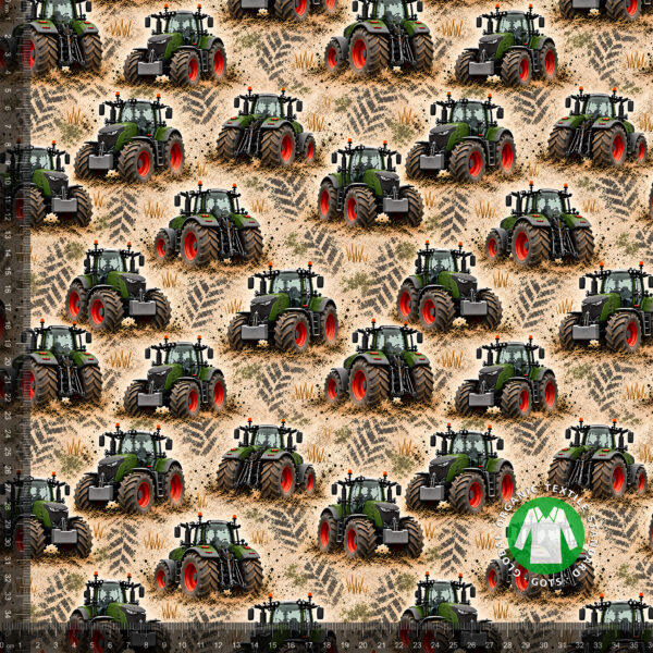 Mørkegrønne traktorer på sand, digitalprint jersey på 36x36 cm mållinjal, så rapporten ses i naturlig størrelse