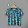 Monster trucks on blue, digital print jersey sewn as a children’s T-shirt