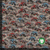 Monster trucks on graphite, digital print jersey on a 36x36 cm measuring ruler, showing the repeat in full scale