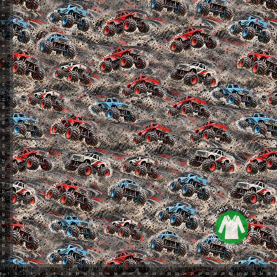 Monster trucks on graphite, digital print jersey on a 36x36 cm measuring ruler, showing the repeat in full scale