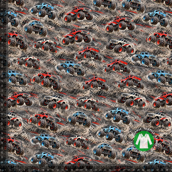 Monster trucks on graphite, digital print jersey on a 36x36 cm measuring ruler, showing the repeat in full scale