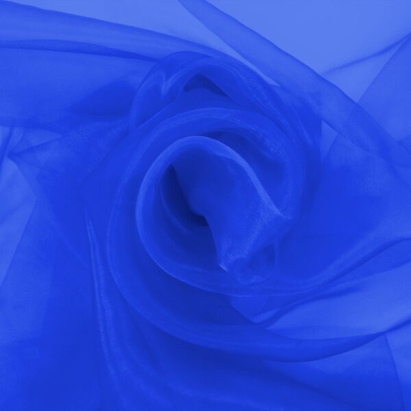 Cobalt blue organza arranged in soft folds, lightweight sheer fabric