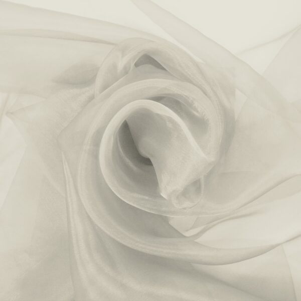 Light greige organza arranged in soft folds, lightweight transparent fabric