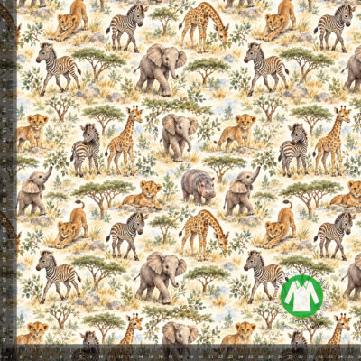 Safarieläimet kermanvärisellä, digiprintti jersey 36x36 cm mittaruudukolla, jotta raportti näkyy luonnollisessa koossa
