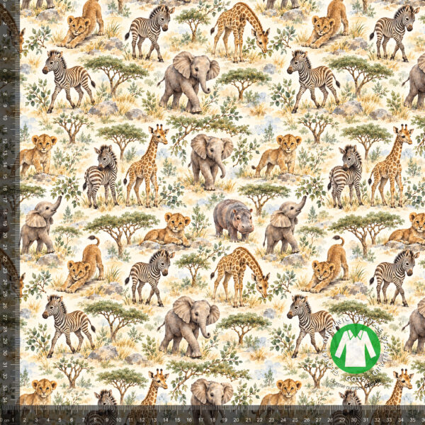Safarieläimet kermanvärisellä, digiprintti jersey 36x36 cm mittaruudukolla, jotta raportti näkyy luonnollisessa koossa