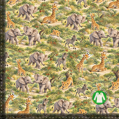 Safarieläimet vihreällä savannilla, digiprintti jersey 36x36 cm mittaruudukolla, jotta raportti näkyy luonnollisessa koossa