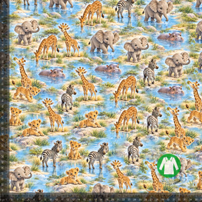 Safarieläimet juomapaikalla, digiprintti jersey 36x36 cm mittaruudukolla, jotta raportti näkyy luonnollisessa koossa