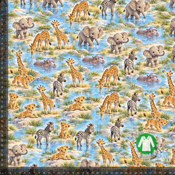 Safarieläimet juomapaikalla, digiprintti jersey 36x36 cm mittaruudukolla, jotta raportti näkyy luonnollisessa koossa