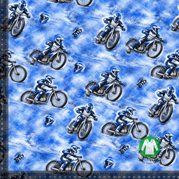 Speedwaykørere på blå, digitalprint jersey på 36x36 cm mållinjal, så rapporten ses i naturlig størrelse