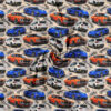 Sports cars on a racetrack, digital print jersey laid in soft folds to show the knit and print