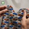 Sports cars on a racetrack, digital print jersey draped to show the fabric’s drape and softness
