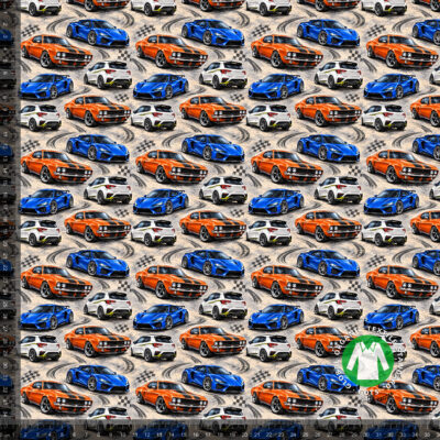 Sports cars on a racetrack, digital print jersey on a 36x36 cm measuring ruler, showing the repeat at full scale