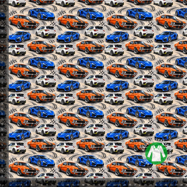 Sports cars on a racetrack, digital print jersey on a 36x36 cm measuring ruler, showing the repeat at full scale