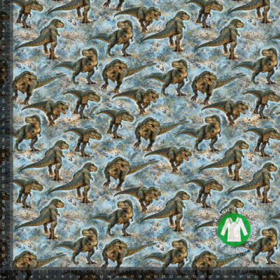 T-rex harmailla kivillä, digiprintti jersey 36x36 cm mittaviivaimella, jotta raportti näkyy luonnollisessa koossa