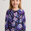 Ultraviolette killinger på sort, digitalprint jersey syet som bluse til børn